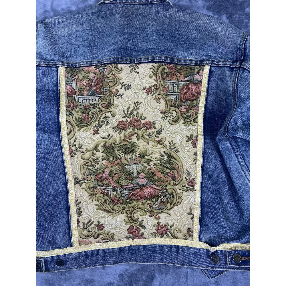 Windbreaker Vintage Denim Jacket XL Tapestry Panels Acid Wash Blue Yellow Trim